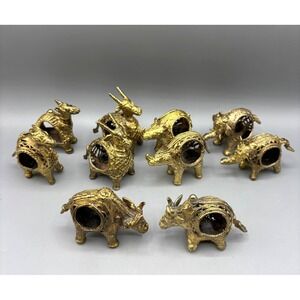 Vtg 80s Set Of 10 Brass‎ Animal Napkin Holders Figurines Intricate Detailing
